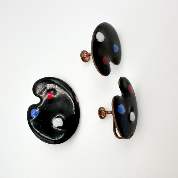 Vintage Artist Paint Palette Brooch Screw Back Earrings Set Enamel Copper MCM - Picture 9 of 13